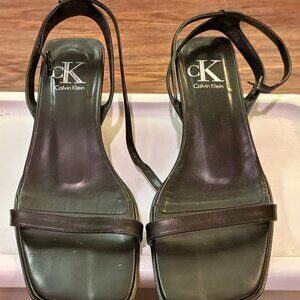 Calvin Klein Black Leather Ankle Strap Sandals Size 7M Square Toe Block Heel